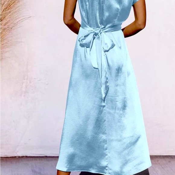 NWT Satin Midi Dress Cap Sleeve Tie Waist Elegant A-Line Flowy Dresses in Teal - Picture 5 of 7